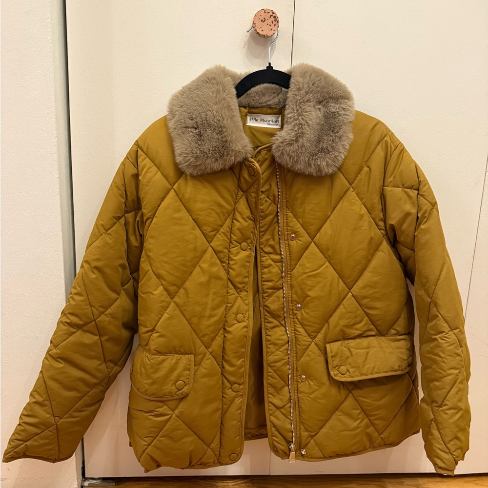 Mustard Quilted Puffer Jacket with Faux Fur Collar